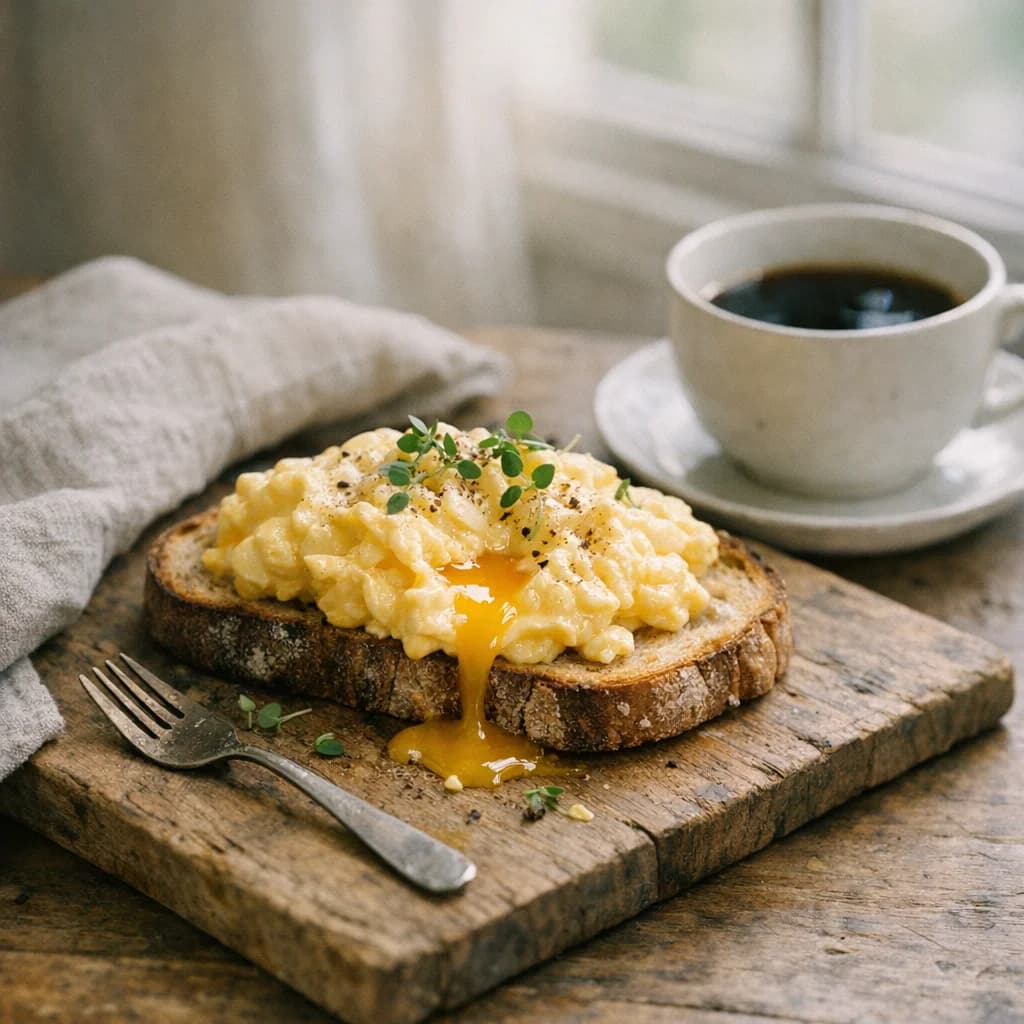 Perfect soft scrambled eggs on sourdough toast