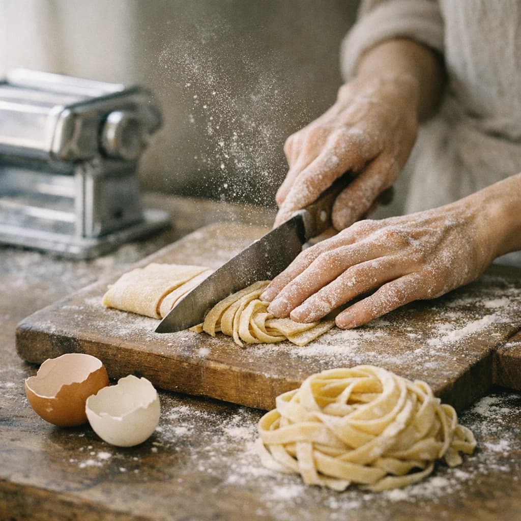 Hands dusted with flour cutting fresh tagliatelle pasta